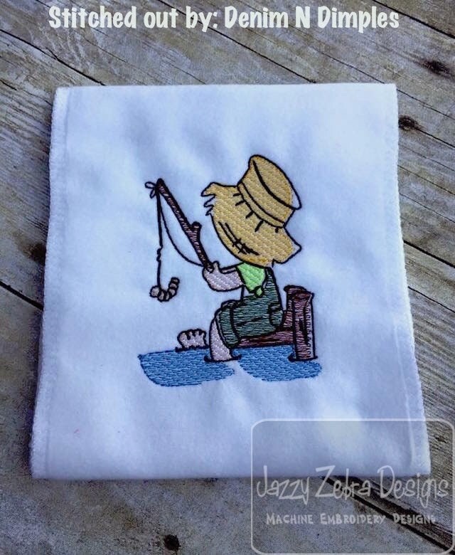Boy Fishing From Pier Sketch Machine Embroidery Design 