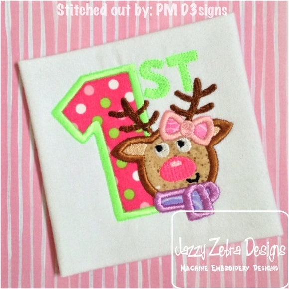 1st Christmas Girl Reindeer appliqué machine embroidery design
