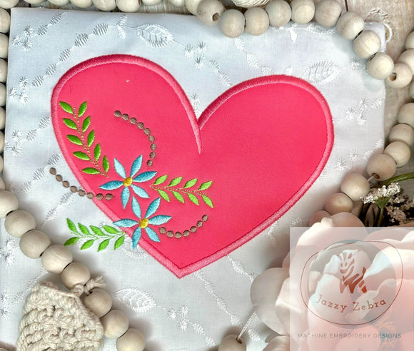 Valentine Heart with flowers appliqué machine embroidery design