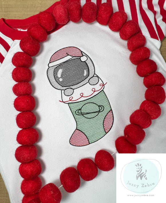 Astronaut in Christmas stocking sketch machine embroidery design
