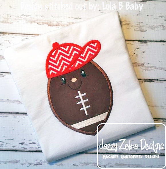 Football with face wearing baseball hat applique machine embroidery design