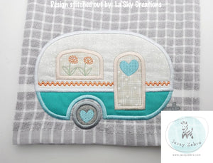 Girl RV camper satin stitch applique machine embroidery design