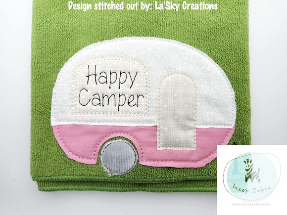 Happy Camper saying rv camper bean stitch applique machine embroidery design