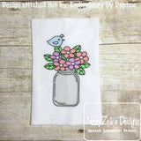 Mason jar with flowers and bird sketch machine embroidery design
