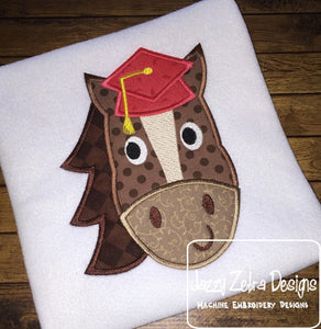 Horse with graduation cap appliqué machine embroidery design
