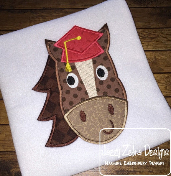Horse with graduation cap appliqué machine embroidery design