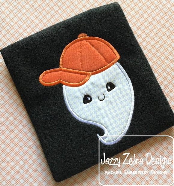 Ghost wearing baseball hat applique machine embroidery design