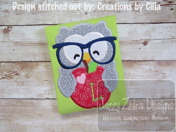 School Owl with apple applique machine embroidery design