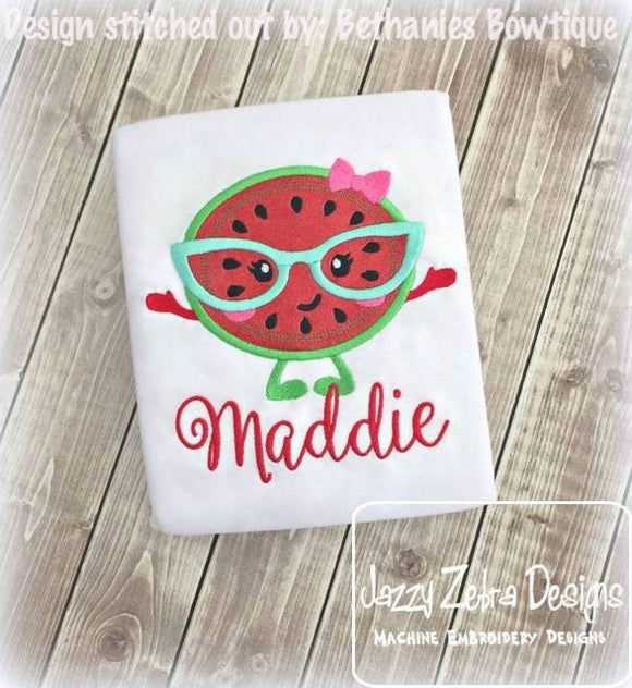 Watermelon girl wearing glasses appliqué machine embroidery design