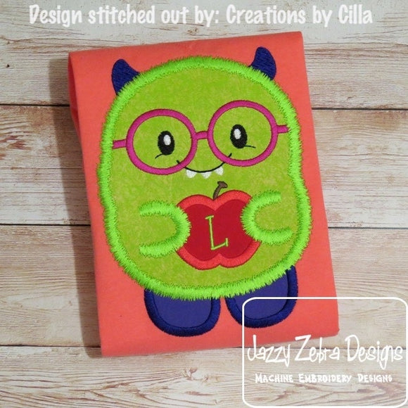 Fuzzy Monster with Apple applique machine embroidery design
