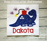 Patriotic Dinosaur with fireworks appliqué machine embroidery design