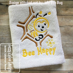 Bee Happy saying bee satin stitch machine embroidery design