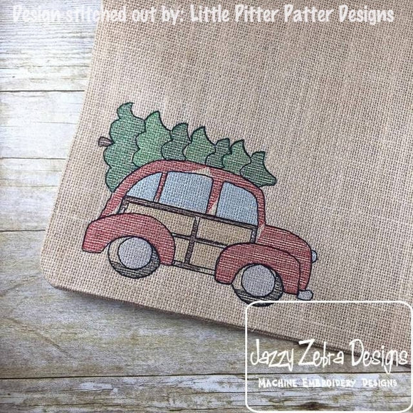 Retro Car with Christmas tree Sketch machine Embroidery Design