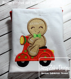 Gingerbread Man riding scooter applique machine embroidery design