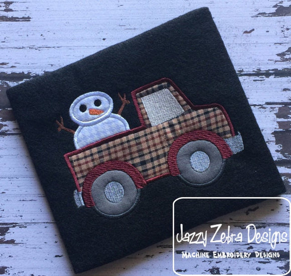 Truck with snowman appliqué machine embroidery design