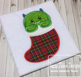 Christmas Little Monster in stocking appliqué machine embroidery design