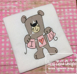 Valentine's day bear holding I love you banner sketch machine embroidery design