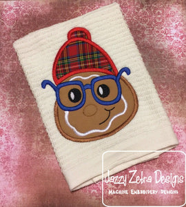 Hipster Gingerbread man wearing glasses and beanie applique machine embroidery design