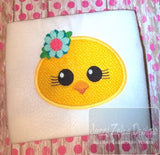 Girl chick face with flower appliqué machine embroidery design