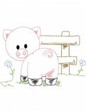 Pig with fence vintage stitch machine embroidery design