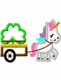 Unicorn pulling cart with shamrock/clover applique machine embroidery design
