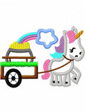 Unicorn pulling cart with pot of gold and Rainbow applique embroidery design