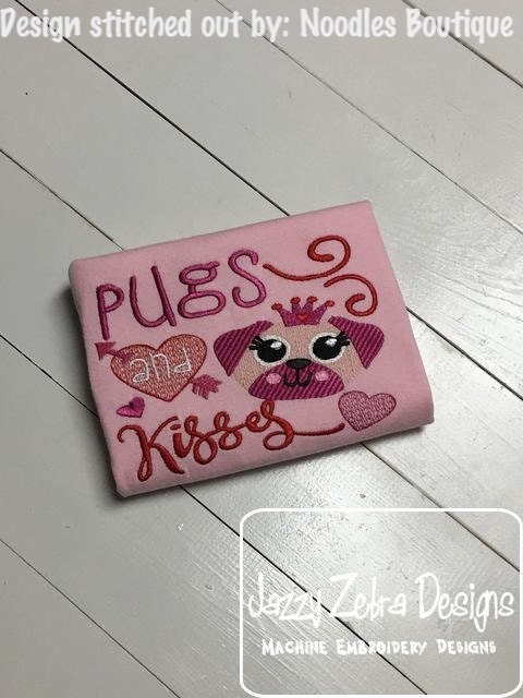 Pugs and Kisses saying Valentine's day machine embroidery design