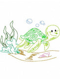 Sea Turtle in ocean vintage stitch machine embroidery design