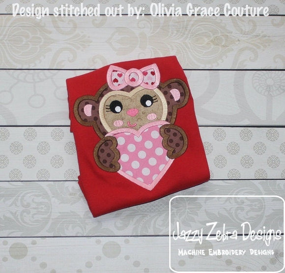 Monkey Girl with Valentine heart appliqué machine embroidery design