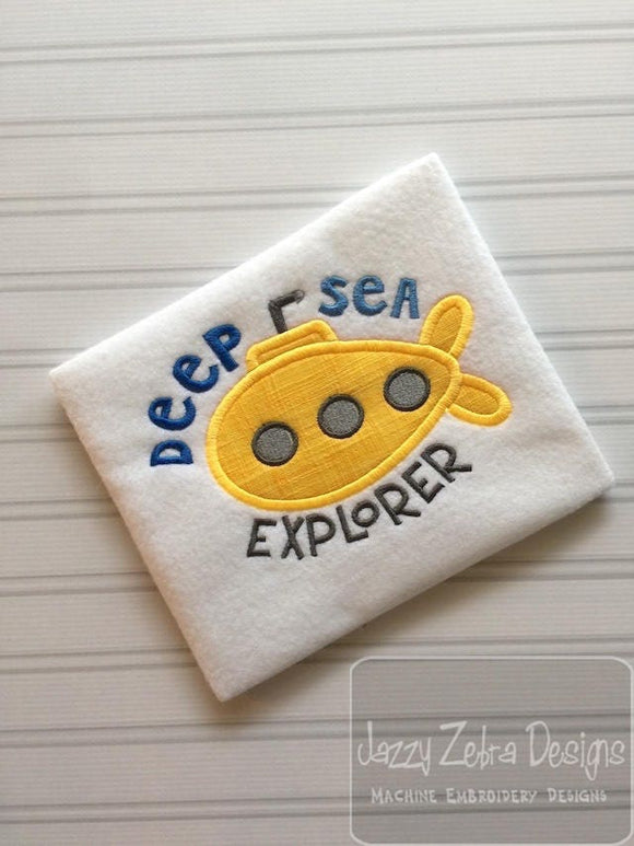 Deep Sea Explorer saying submarine appliqué machine embroidery design