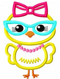 Easter Girl Chick wearing glasses, pearls and bow applique machine embroidery design