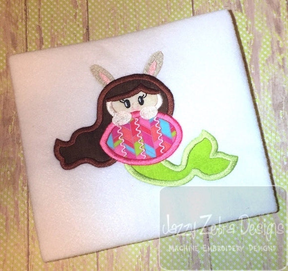 Mermaid with bunny ears and Easter egg applique machine embroidery design