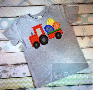 Tractor pulling cart of easter eggs applique machine embroidery design