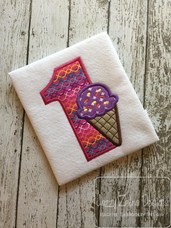 1st Birthday single scoop ice cream cone appliqué machine embroidery design