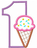 1st Birthday single scoop ice cream cone appliqué machine embroidery design