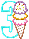 Third birthday triple scoop ice cream cone appliqué machine embroidery design