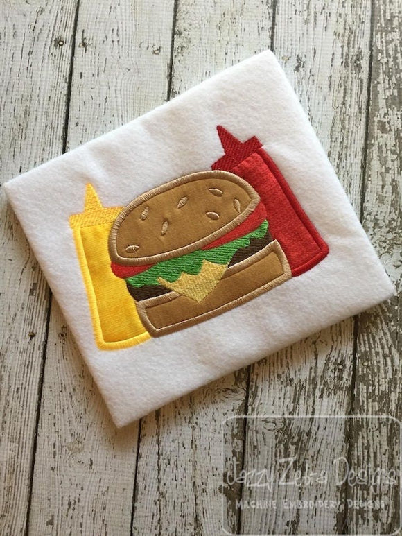 Cheeseburger with mustard and Ketchup appliqué machine embroidery design