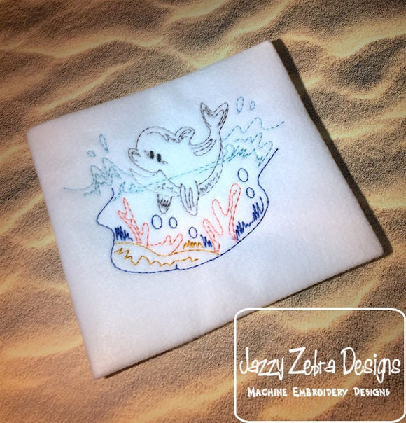 Dolphin in ocean vintage stich machine embroidery design