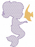 Mermaid silhouette with fish motif filled machine embroidery design