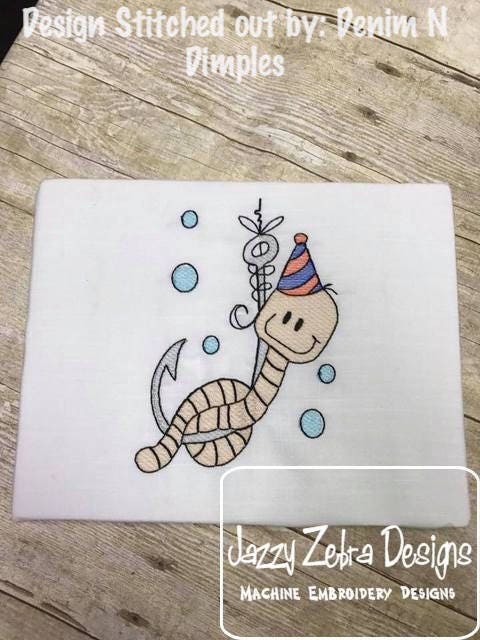 Fishing Birthday worm sketch machine embroidery design