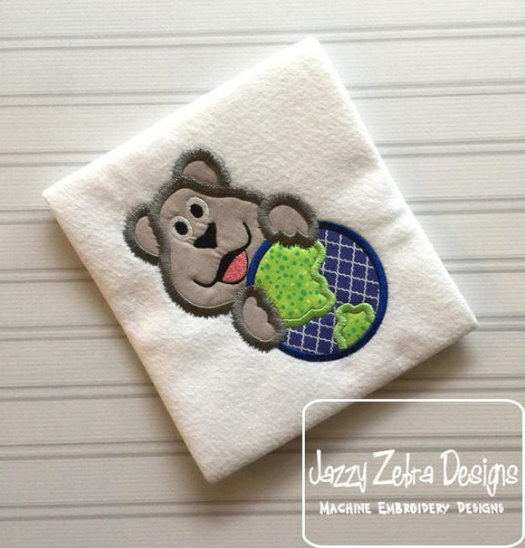Earth Day Bear with world appliqué machine embroidery design