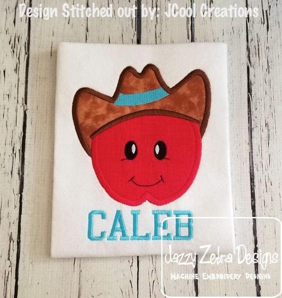 Apple wearing cowboy hat appliqué embroidery design