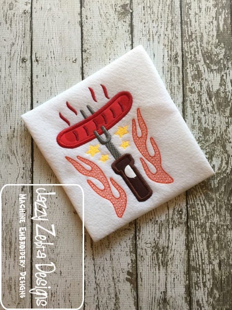 Hot Dog on Grill fork appliqué machine embroidery design