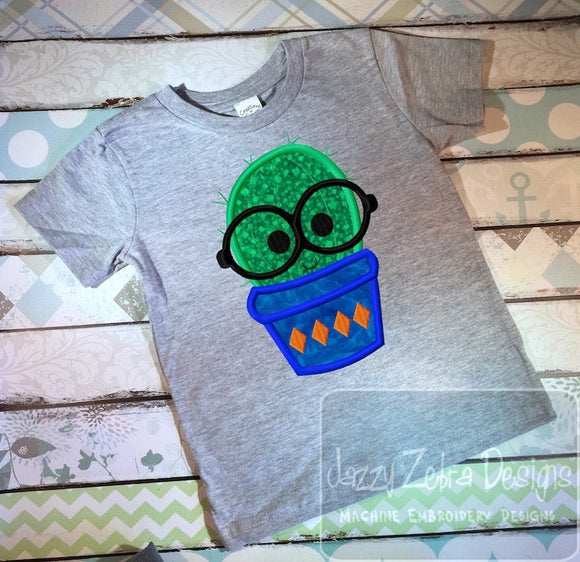 Boy Succulent/cactus wearing glasses appliqué machine embroidery design