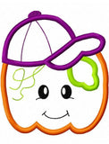 Pumpkin wearing baseball hat applique machine embroidery design