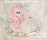 Seahorse and jellyfish in ocean vintage stitch machine embroidery design