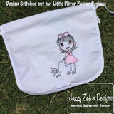 Swirly girl walking dog sketch machine embroidery design