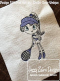 Swirly girl tennis sketch embroidery design