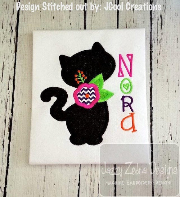 Silhouette cat with flower appliqué machine embroidery design