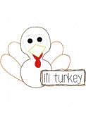 Lil Turkey saying Thanksgiving turkey shabby chic bean stitch appliqué machine embroidery design